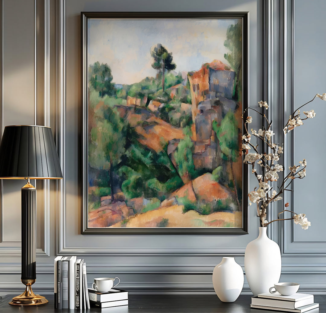 Historic 1895 artwork poster of Paul Cezanne Bibemus Quarry 1895 rendered with geometric paint strokes in Aix-en-Provence France. Order custom framed prints, unframed paper wall art, or gallery canvas options from MapYourDreams to transform your living room aesthetics.