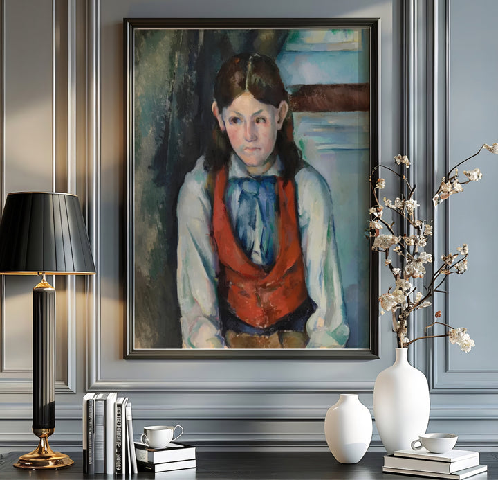 Historic 1888 artwork poster of Paul Cezanne Boy In A Red Vest 1888 rendered with structural paint strokes in Paris France. Order custom framed prints, unframed paper wall art, or gallery canvas options from MapYourDreams to transform your living room aesthetics.