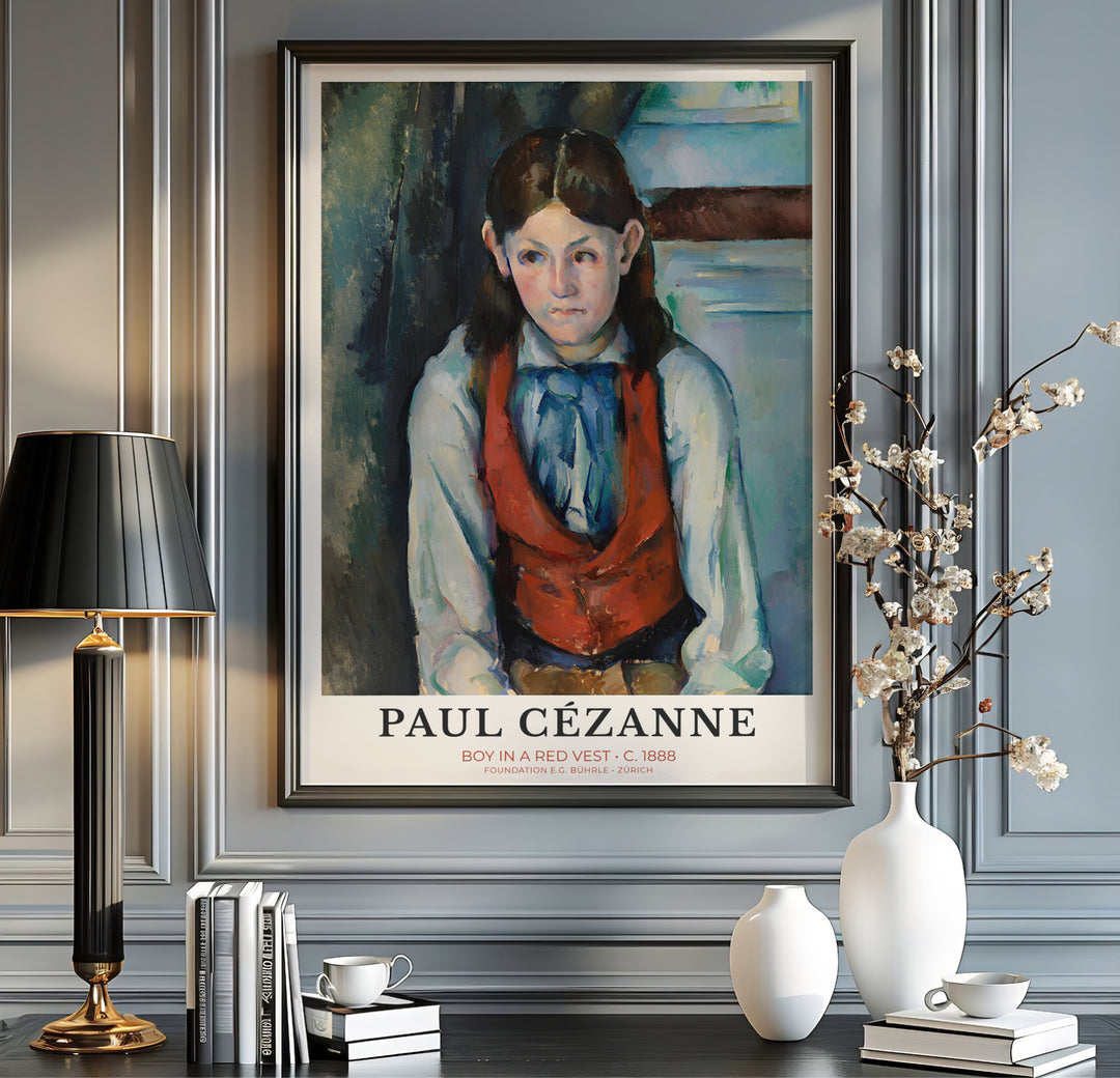 Warm classical exhibition portrait canvas art print of Paul Cezanne Boy In Red Vest 1888 depicting a pensive youth in Paris France. MapYourDreams offers versatile framed wall art, unframed poster prints, and stretched canvas choices for art lovers and home decorators alike.