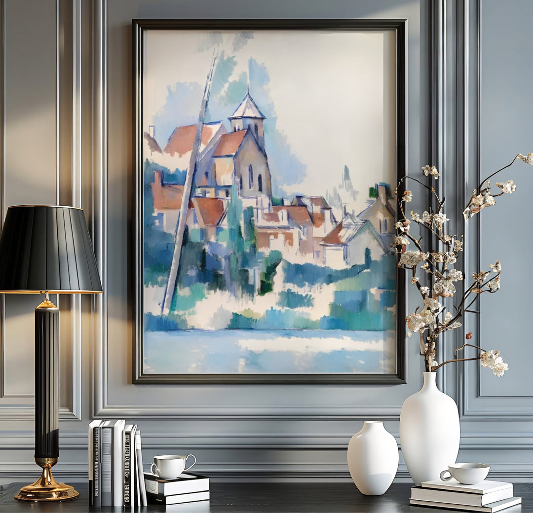 Soft blue sky nature canvas art print of Paul Cezanne Church At Montigny Sur Loing 1898 depicting a quiet French village along the Loing River. MapYourDreams offers versatile framed wall art, unframed poster prints, and stretched canvas choices for art lovers and home decorators alike.