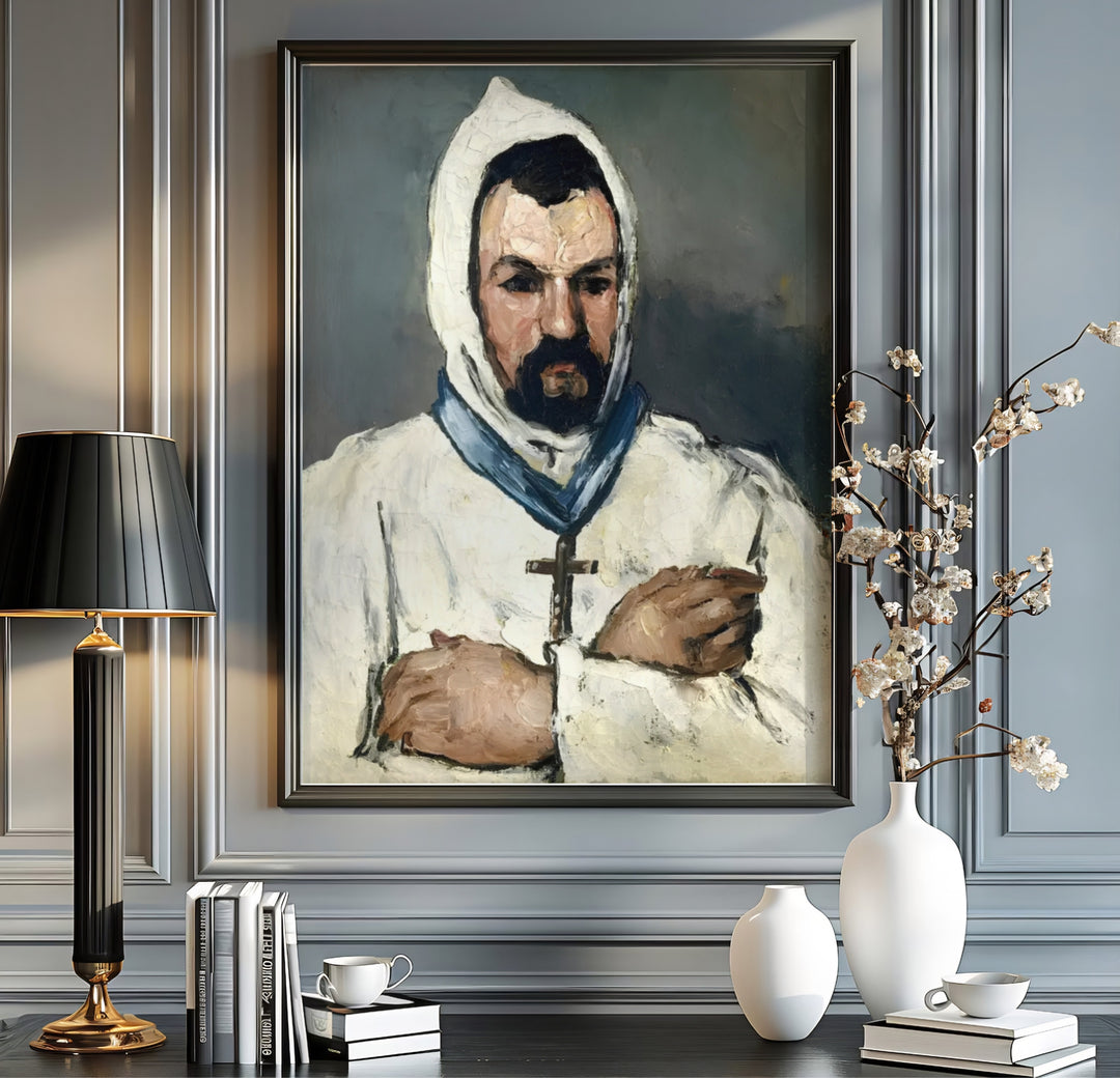 Historic 1866 artwork poster of Paul Cezanne Uncle Dominique As A Monk 1866 rendered with thick white oil paint in Aix-en-Provence France. Order custom framed prints, unframed paper wall art, or gallery canvas options from MapYourDreams to transform your living room aesthetics.