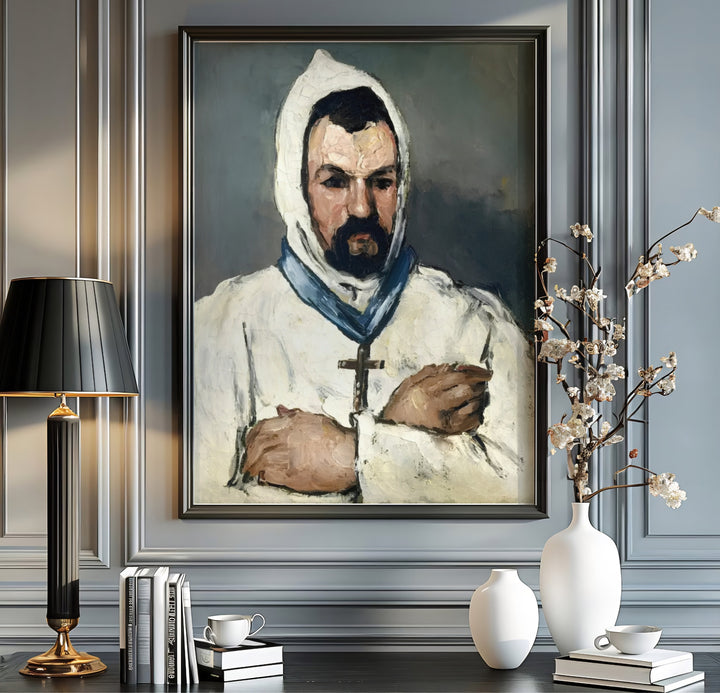 Historic 1866 artwork poster of Paul Cezanne Uncle Dominique As A Monk 1866 rendered with thick white oil paint in Aix-en-Provence France. Order custom framed prints, unframed paper wall art, or gallery canvas options from MapYourDreams to transform your living room aesthetics.