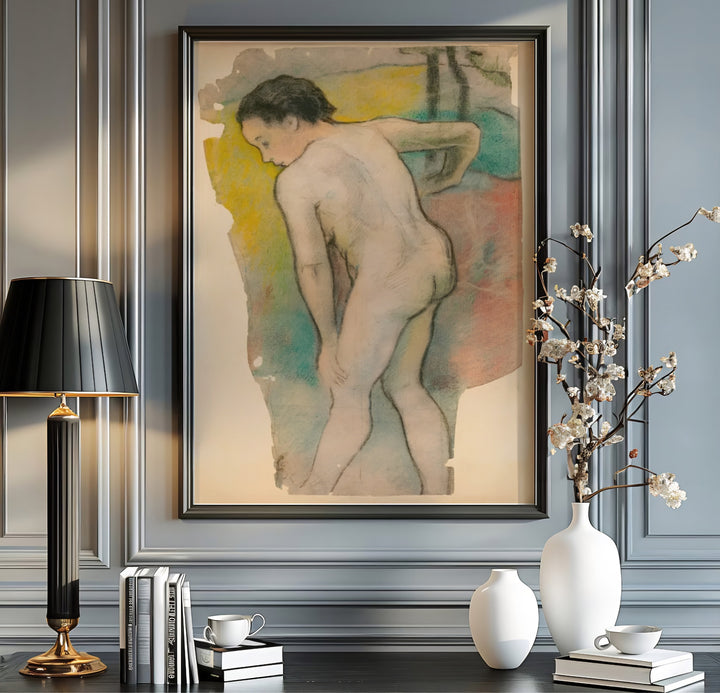 Minimalist pastel canvas print of Paul Gauguin Breton Bather 1886 depicting a standing bather in Pont-Aven, Brittany, France. MapYourDreams offers versatile framed wall art, unframed poster prints, and stretched canvas choices for art lovers and home decorators alike.