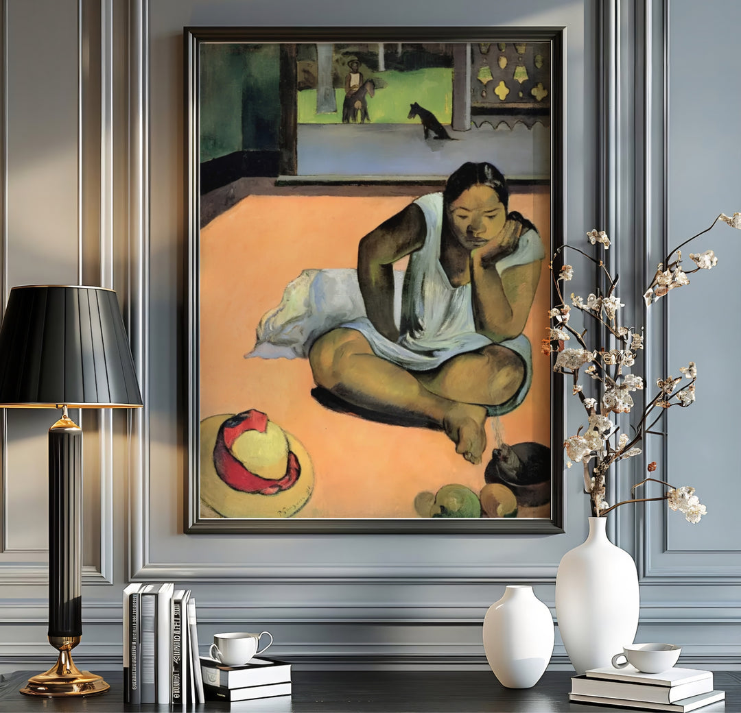 Historic 1891 oil poster of Paul Gauguin Brooding Woman Te Faaturuma 1891 showing a woman resting her chin in Tahiti French Polynesia. Order custom framed prints, unframed paper wall art, or gallery canvas options from MapYourDreams to transform your living room aesthetics.