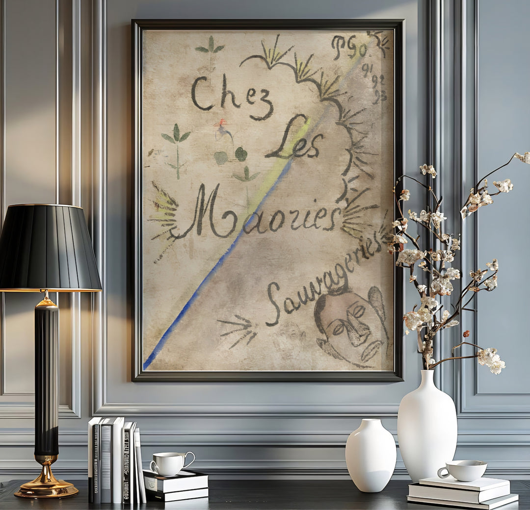 Fine art wall decor print of Paul Gauguin Chez Les Maories 1893 displaying French cursive typography and native motifs in Tahiti, French Polynesia. MapYourDreams supplies custom framed paper prints, unframed posters, and gallery stretched canvas art suitable for eclectic layouts.