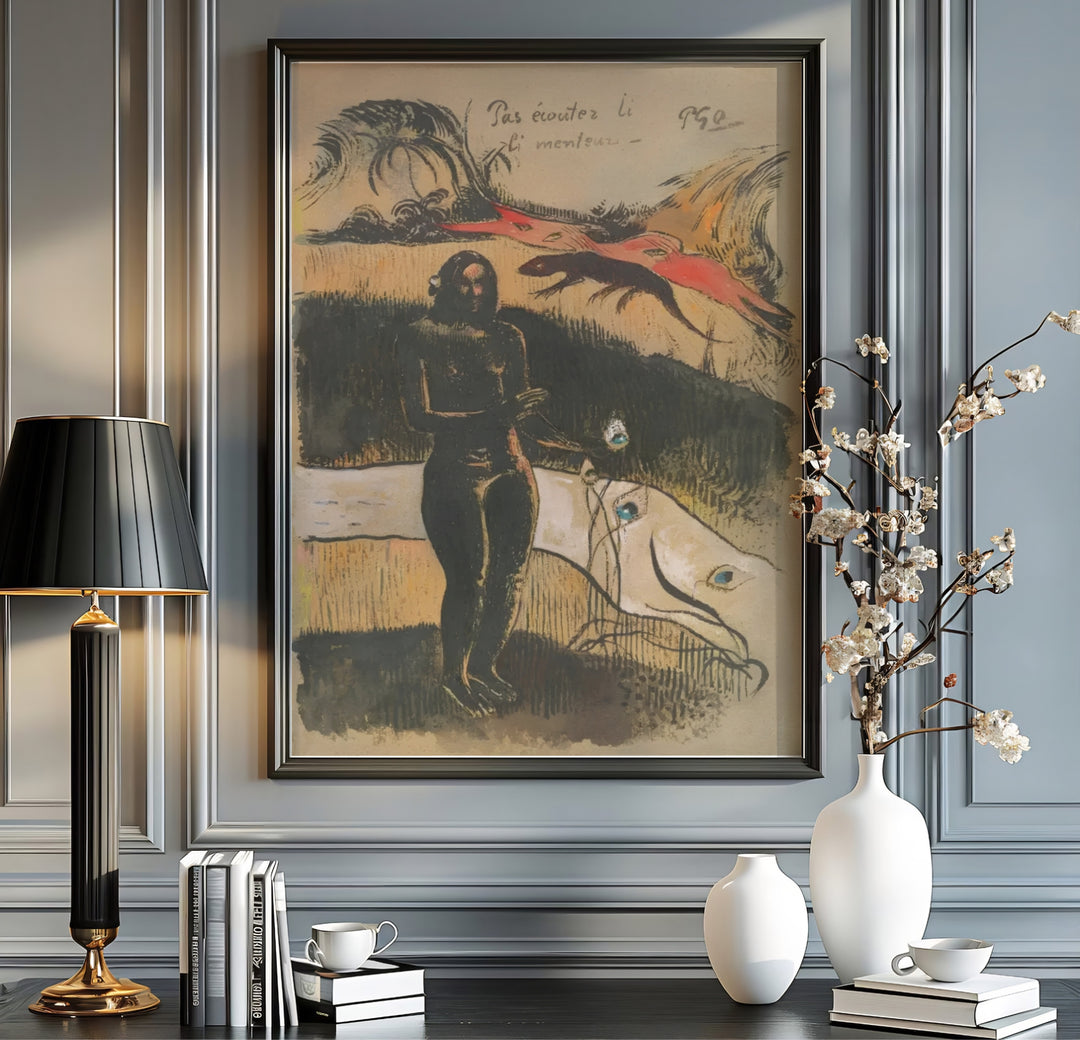 Authentic French master view poster of Paul Gauguin Delightful Land Nave Nave Fenua 1894 showing dramatic silhouette figures in Tahiti, French Polynesia. Order custom framed prints, unframed paper wall art, or gallery canvas options from MapYourDreams to transform your entryway.