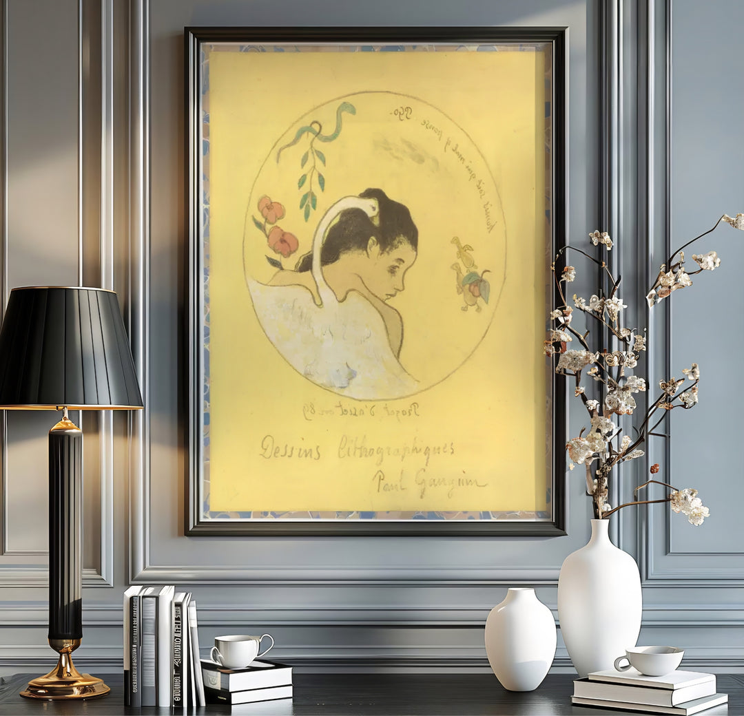 Fine art wall decor print of Paul Gauguin Design For A Plate 1889 displaying a central oval vignette and floral accents in Brittany, France. MapYourDreams supplies custom framed paper prints, unframed posters, and gallery stretched canvas art suitable for rich interior layouts.