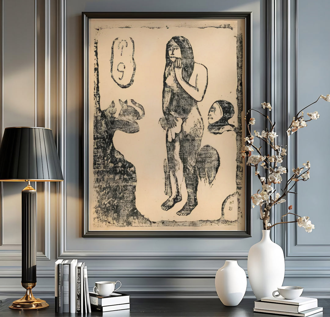 Fine art wall decor print of Paul Gauguin Eve Suite Of Late Woodblocks 1898 displaying dramatic black ink contrast in Tahiti, French Polynesia. MapYourDreams supplies custom framed paper prints, unframed posters, and gallery stretched canvas art suitable for Scandinavian layouts.
