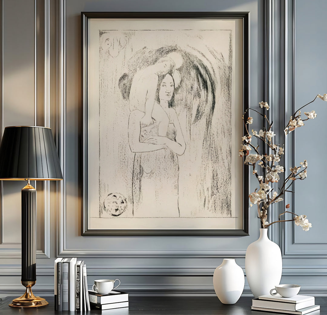 Scenic island art poster print of Paul Gauguin Hail Mary Ia Orana Maria 1895 set against cream parchment tones in Tahiti, French Polynesia. MapYourDreams features high-quality framed wall decor, unframed prints, and stretched canvas options ideal for home study decoration.