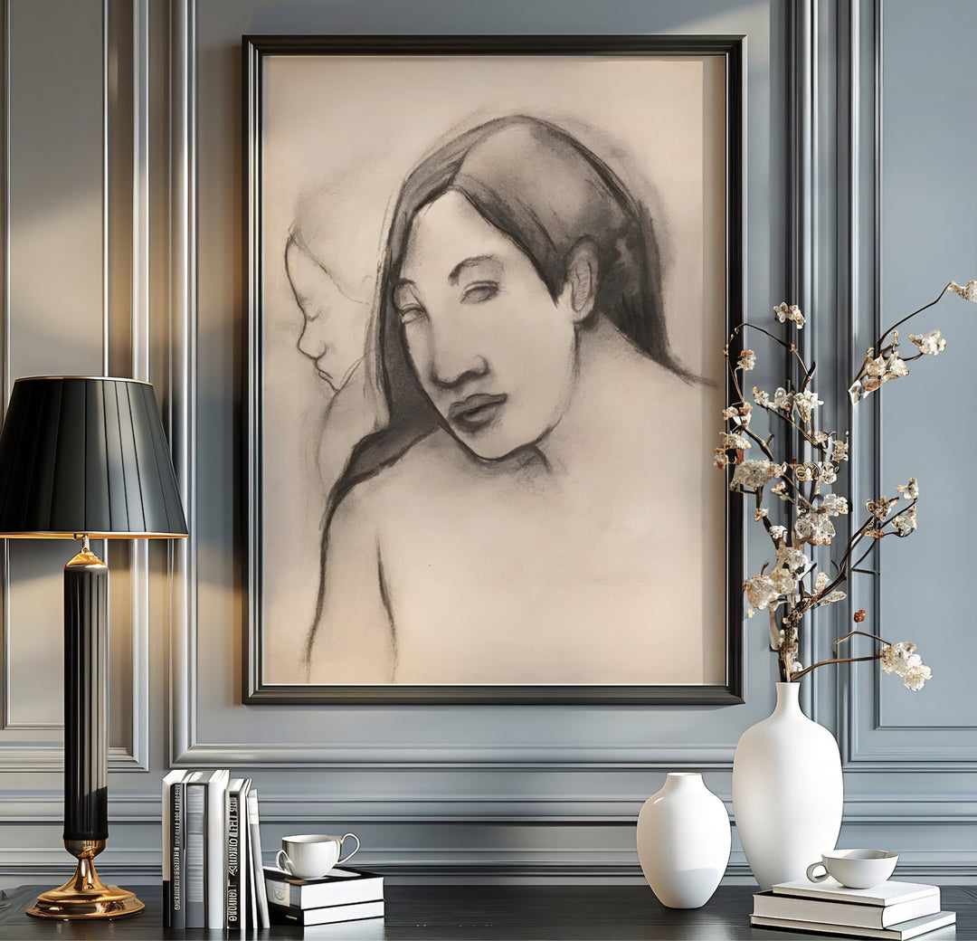 Authentic French master view poster of Paul Gauguin Heads Of Tahitian Women 1891 showing a side profile and front view portrait in Tahiti, French Polynesia. Order custom framed prints, unframed paper wall art, or gallery canvas options from MapYourDreams to transform your entryway.