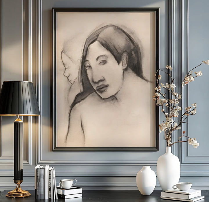 Authentic French master view poster of Paul Gauguin Heads Of Tahitian Women 1891 showing a side profile and front view portrait in Tahiti, French Polynesia. Order custom framed prints, unframed paper wall art, or gallery canvas options from MapYourDreams to transform your entryway.
