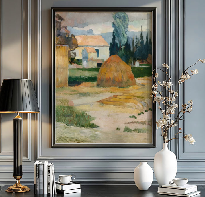 Authentic French master view poster of Paul Gauguin Landscape Near Arles 1888 showing golden fields and cypress trees in Arles, Provence, France. Order custom framed prints, unframed paper wall art, or gallery canvas options from MapYourDreams to transform your lounge space.