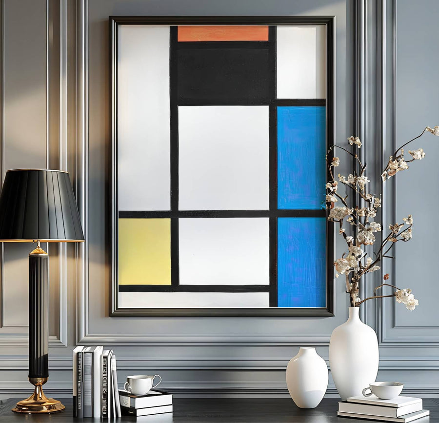 This captivating abstract masterpiece highlights Piet Mondrian&