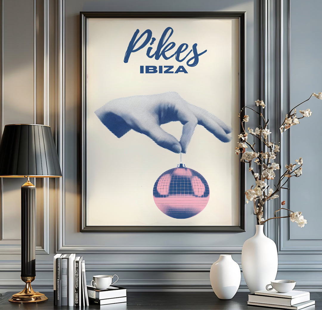 Pikes Ibiza surrealist wall art print showing a halftone stipple hand holding a pink mirror ball under navy script headers, presented by MapYourDreams as an unframed fine art print, gallery canvas decor, or custom framed wall art in bronze and gold frame choices.
