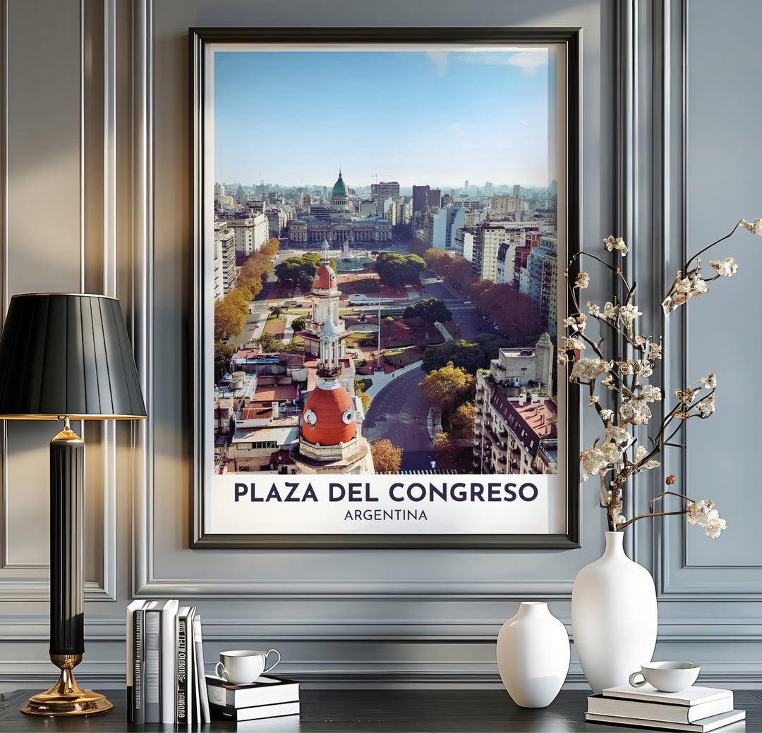 Rendered in crisp fine art photography detail, this Plaza del Congreso wall art depicts the Argentine National Congress building behind charming foreground cupolas, designed by MapYourDreams in unframed, custom framed, and canvas finishes.