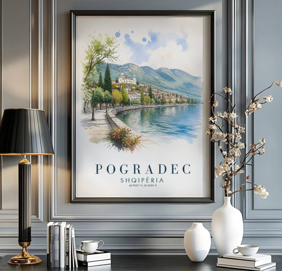 Scenic lakeside promenades and calm turquoise waters blend seamlessly in this beautiful Balkan landscape watercolor poster. MapYourDreams provides custom choices like unframed paper, wooden frames, and stretched canvas wraps for a polished look.