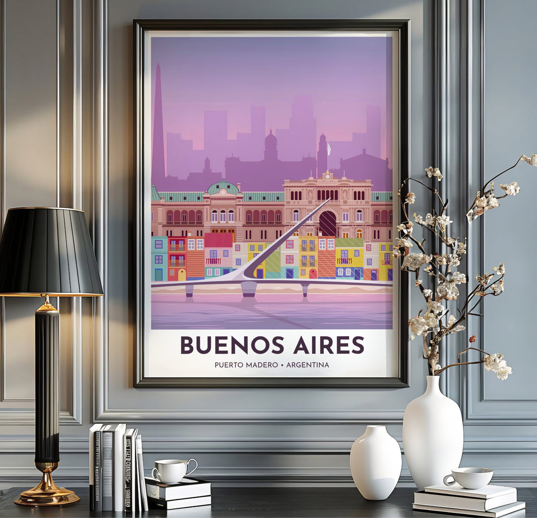 Bringing soft pastel sunset hues and international travel inspiration onto your walls, this Puerto Madero poster pairs lavender skies with historic city landmarks, curated by MapYourDreams in unframed paper, timber frames, and canvas wraps.
