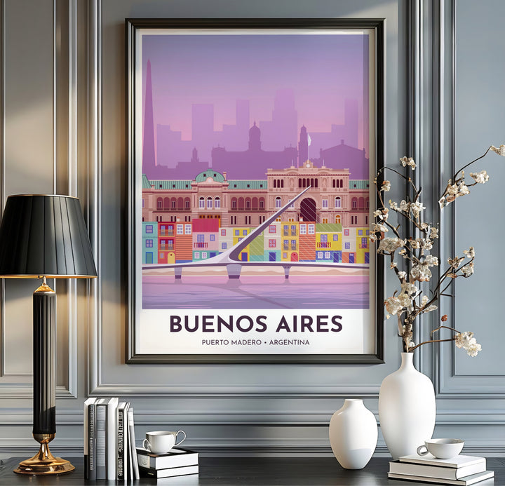 Bringing soft pastel sunset hues and international travel inspiration onto your walls, this Puerto Madero poster pairs lavender skies with historic city landmarks, curated by MapYourDreams in unframed paper, timber frames, and canvas wraps.