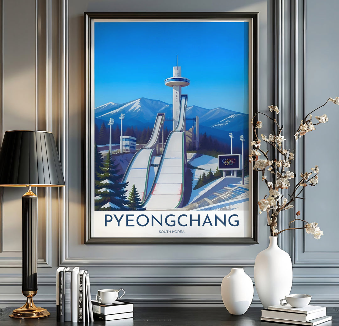 Clean white-bordered travel print centered on Pyeongchang, South Korea, with bold typography reading PYEONGCHANG SOUTH KOREA beneath a vector depiction of Alpensia Ski Jump. Offered by MapYourDreams, this artwork is available in flexible options including unframed paper, custom wooden frames, and gallery canvas wraps.
