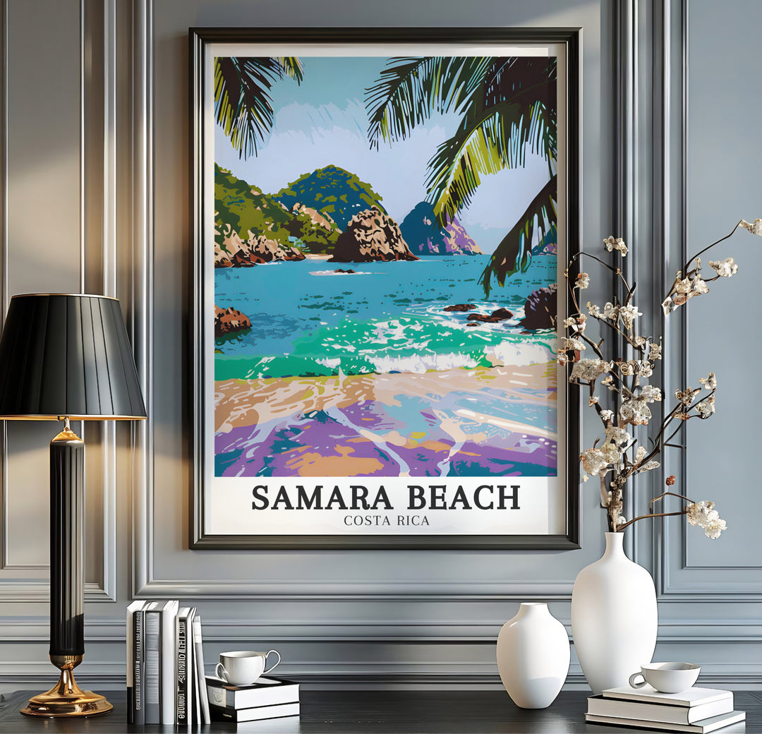 Bold graphic art style and clean black typography mark this Costa Rica Samara Beach Isla Chora print piece. MapYourDreams offers fine art framed, unframed, and canvas poster options for home decor.