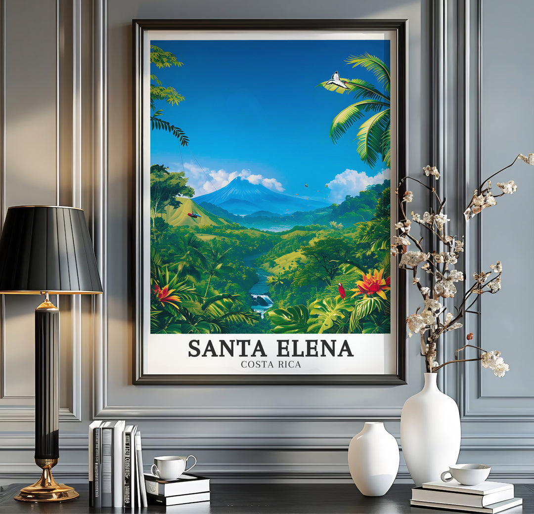 Bold illustrative graphic style and clean black typography mark this Costa Rica Santa Elena Arenal Volcano print. MapYourDreams offers fine art framed, unframed, and canvas poster options for home decor.
