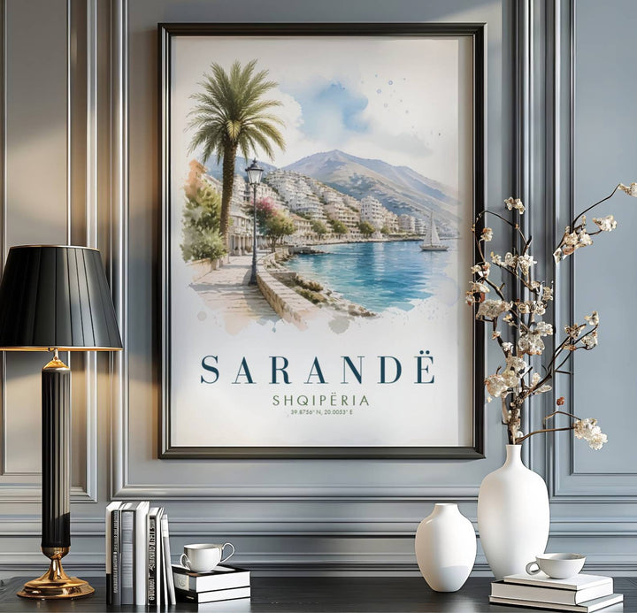 Scenic coastal promenades and calm turquoise waters blend seamlessly in this beautiful Balkan Riviera landscape watercolor poster. MapYourDreams provides custom choices like unframed paper, wooden frames, and stretched canvas wraps for a polished look.