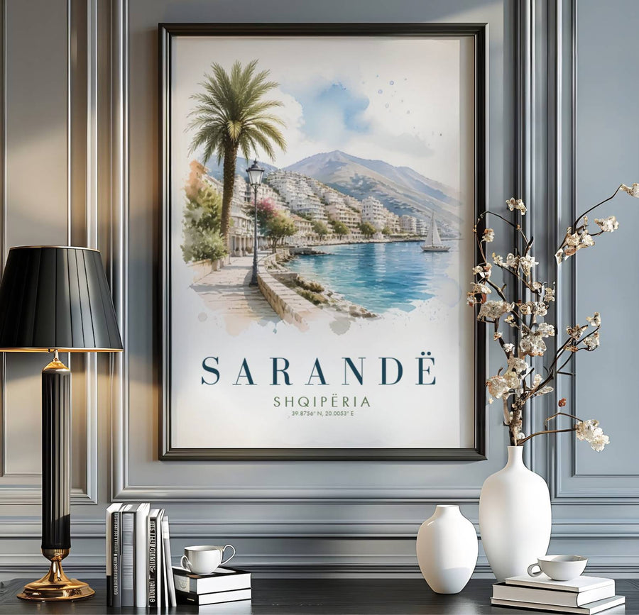 Scenic coastal promenades and calm turquoise waters blend seamlessly in this beautiful Balkan Riviera landscape watercolor poster. MapYourDreams provides custom choices like unframed paper, wooden frames, and stretched canvas wraps for a polished look.