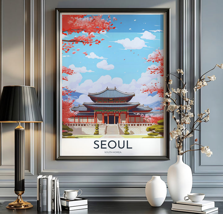 Modern vintage travel print with crisp white margins and clean typography reading SEOUL SOUTH KOREA beneath a scenic vector illustration of Gyeongbokgung Palace in spring. Offered by MapYourDreams, this artwork is available in flexible options including unframed paper, custom wooden frames, and gallery canvas wraps.