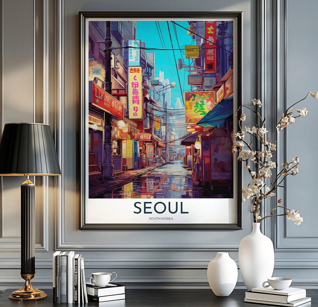 Modern vintage travel print with crisp white margins and clean typography reading SEOUL SOUTH KOREA beneath an anime illustration of a neon-lit urban street alley. Offered by MapYourDreams, this artwork is available in flexible options including unframed paper, custom wooden frames, and gallery canvas wraps.