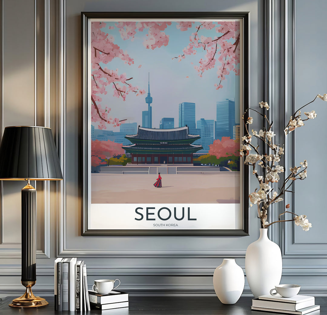 Modern vintage travel print with crisp white margins and clean typography reading SEOUL SOUTH KOREA beneath a vector depiction of Gyeongbokgung Palace and N Seoul Tower. Offered by MapYourDreams, this artwork is available in flexible options including unframed paper, custom wooden frames, and gallery canvas wraps.