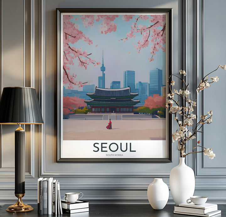 Modern vintage travel print with crisp white margins and clean typography reading SEOUL SOUTH KOREA beneath a vector depiction of Gyeongbokgung Palace and N Seoul Tower. Offered by MapYourDreams, this artwork is available in flexible options including unframed paper, custom wooden frames, and gallery canvas wraps.