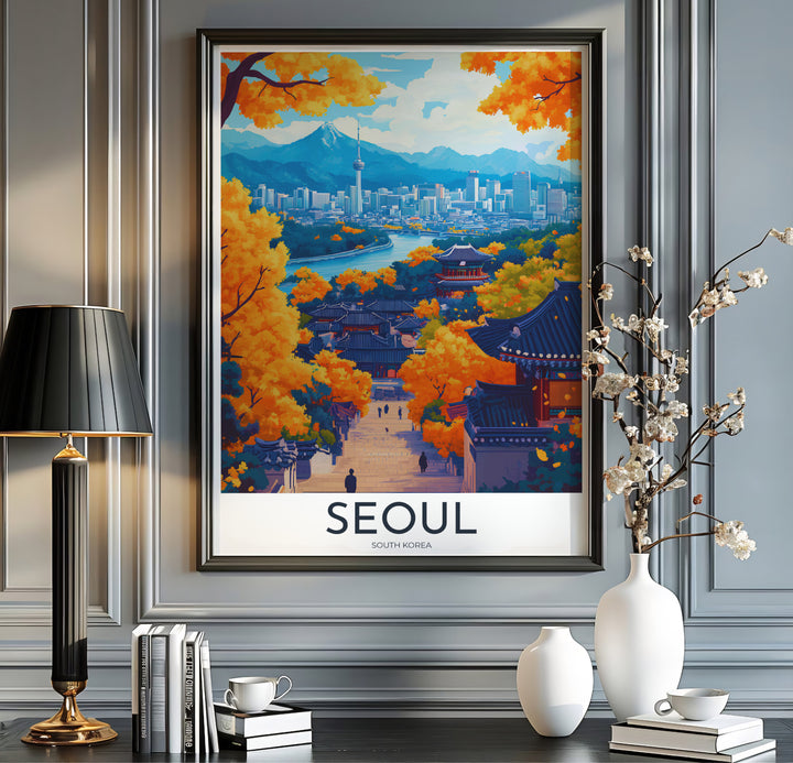 Modern vintage travel print with clean white borders and crisp typography reading SEOUL SOUTH KOREA beneath a lush vector landscape of Hanok roofs and autumn foliage in Seoul. Offered by MapYourDreams, this artwork is available in flexible options including unframed paper, custom wooden frames, and gallery canvas wraps.