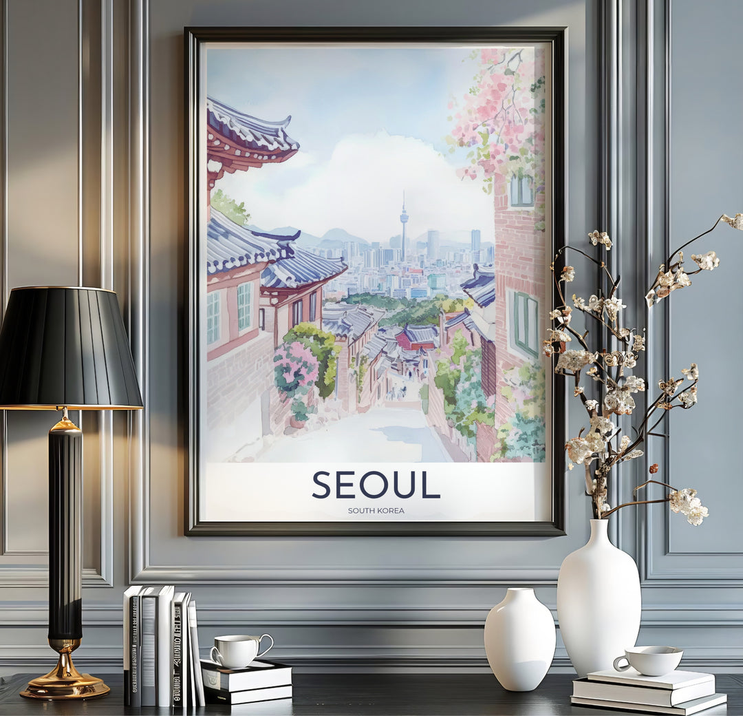 Modern vintage travel print with clean white margins and crisp typography reading SEOUL SOUTH KOREA beneath a soft watercolor painting of Bukchon Hanok Village in Seoul. Offered by MapYourDreams, this artwork is available in flexible options including unframed paper, custom wooden frames, and gallery canvas wraps.