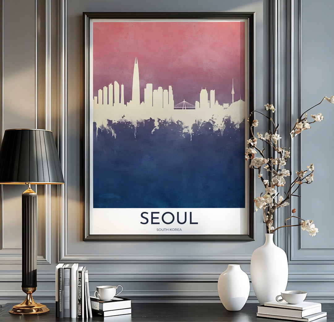 Textured watercolor gradient poster displaying the architectural skyline of Seoul, South Korea, including historic pavilions and futuristic skyscrapers. Offered by MapYourDreams, this artwork is available in flexible options including unframed paper, custom wooden frames, and gallery canvas wraps.