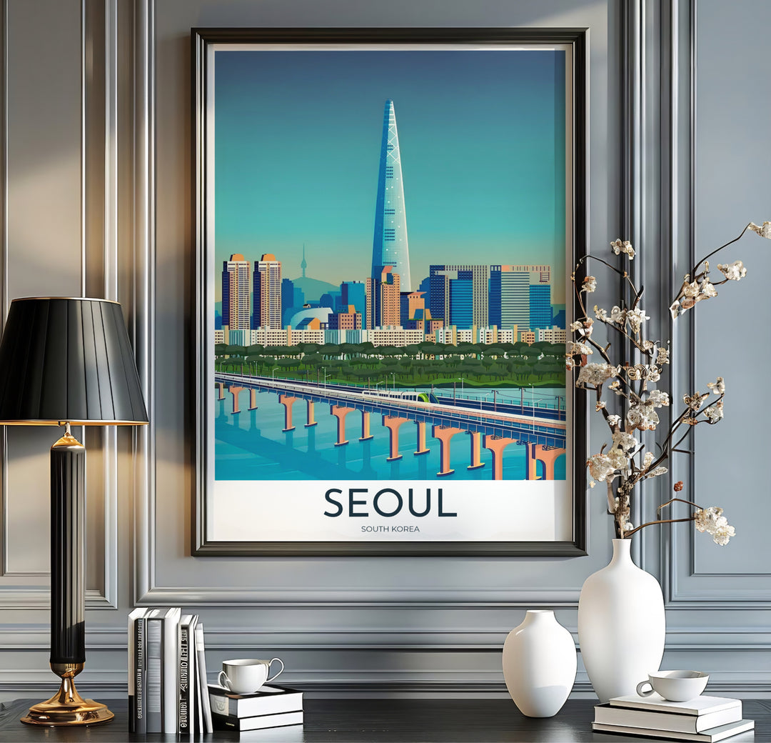 Modern retro art print depicting the vibrant city skyline and river parks of Seoul, curated by MapYourDreams across unframed archive paper, silver framed prints, and gallery canvas options.