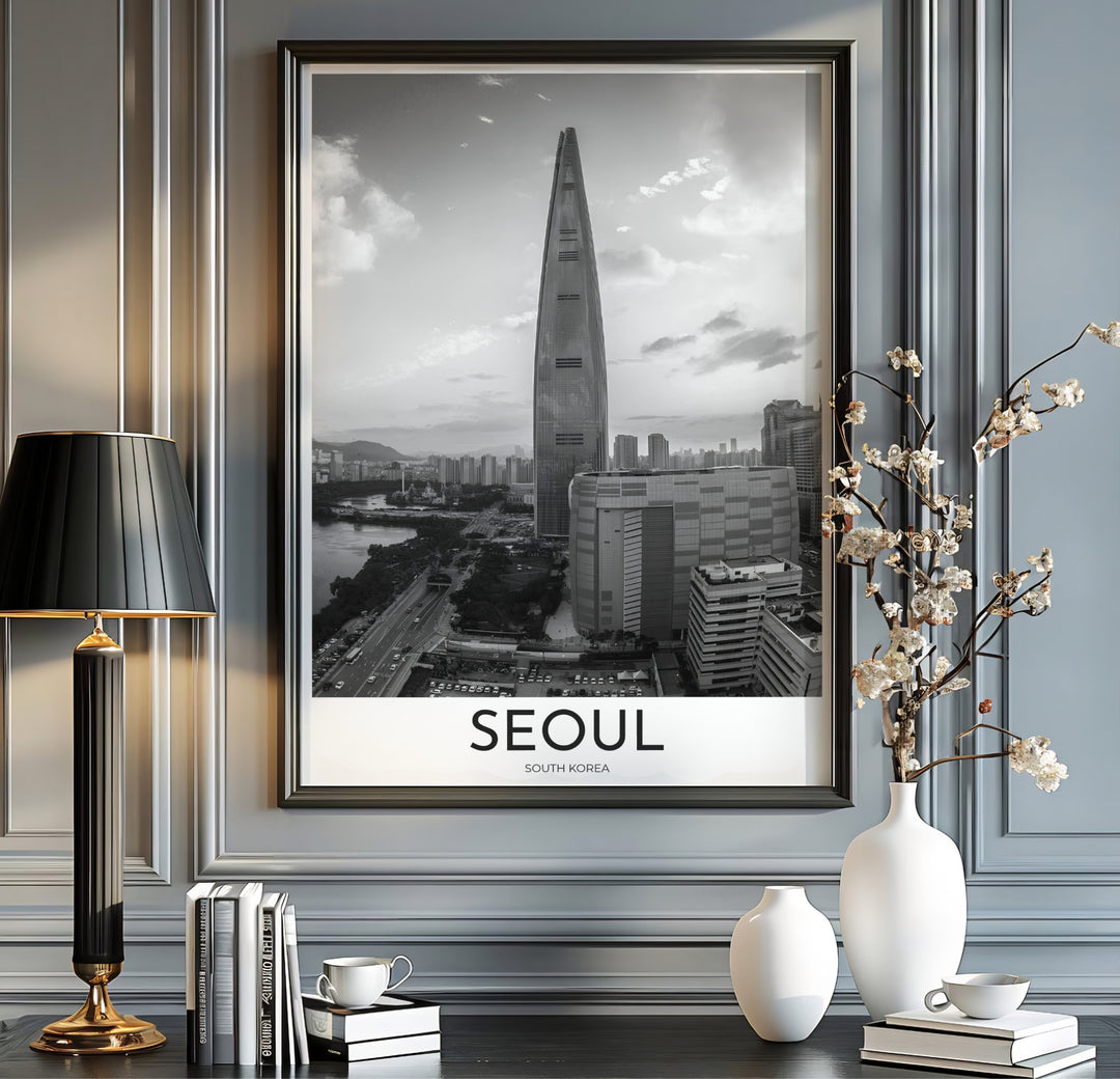 Sophisticated grayscale photo print illustrating the modern urban sprawl and skyscrapers of Seoul South Korea, offered by MapYourDreams in versatile styling formats like unframed paper, custom picture frames, and canvas that add refined metropolitan polish to home and commercial interiors.