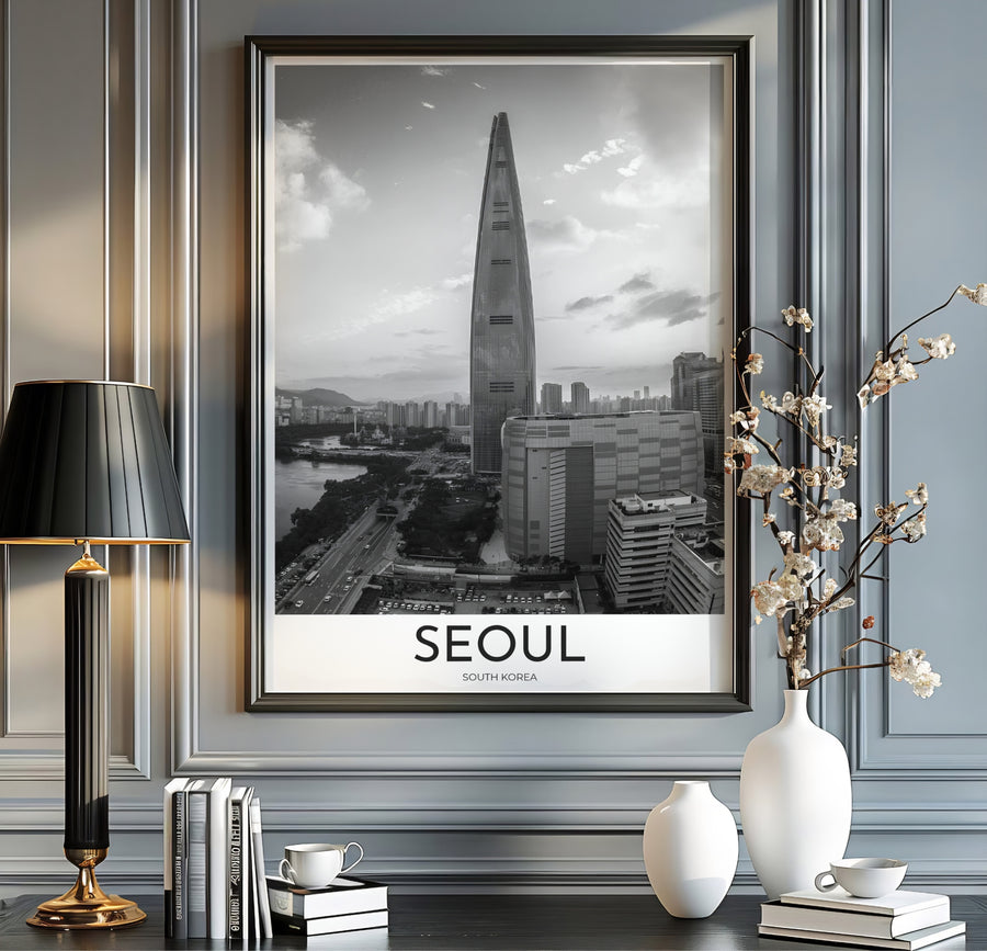 Sophisticated grayscale photo print illustrating the modern urban sprawl and skyscrapers of Seoul South Korea, offered by MapYourDreams in versatile styling formats like unframed paper, custom picture frames, and canvas that add refined metropolitan polish to home and commercial interiors.