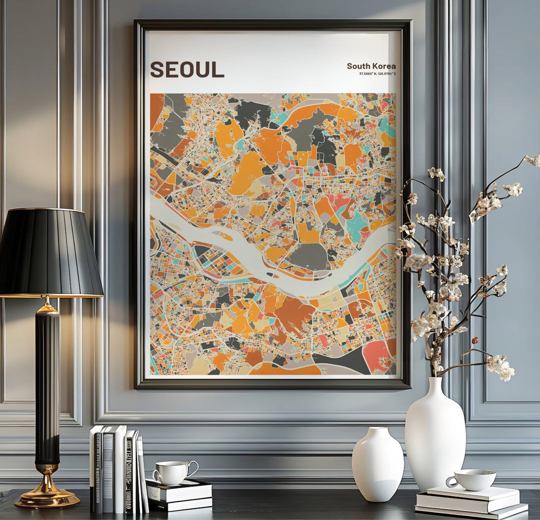 Elegant ochre and slate map art print featuring the Han River ribbon through Seoul, South Korea, curated by MapYourDreams across unframed archival paper, natural wood frames, and gallery stretched canvas to deliver premium quality print aesthetics to your wall.