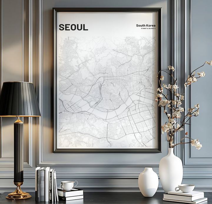 Minimalist black line work seoul map poster capturing the han river and detailed city block layout, offered by MapYourDreams in versatile styling formats like unframed paper, custom picture frames, and canvas that add refined architectural interest to your home decor collection.