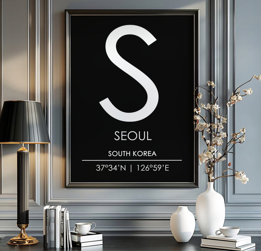 Minimalist white letter S on black background seoul poster capturing city coordinates and country text, offered by MapYourDreams in versatile styling formats like unframed paper, custom picture frames, and canvas that add refined graphic interest to your home decor collection.