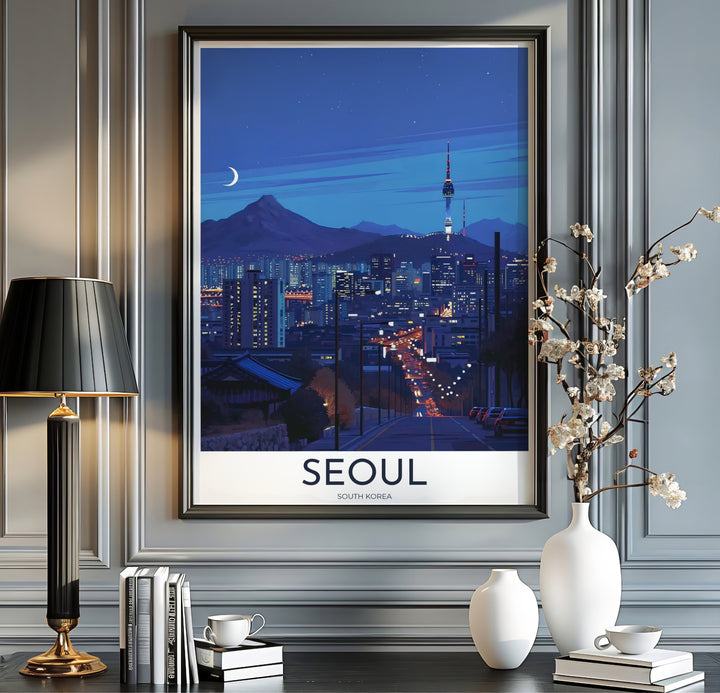 Elegant dark blue and amber travel wall art featuring N Seoul Tower and city traffic light trails in Seoul South Korea, curated by MapYourDreams across unframed archival paper, natural wood frames, and gallery stretched canvas to deliver premium quality print aesthetics.