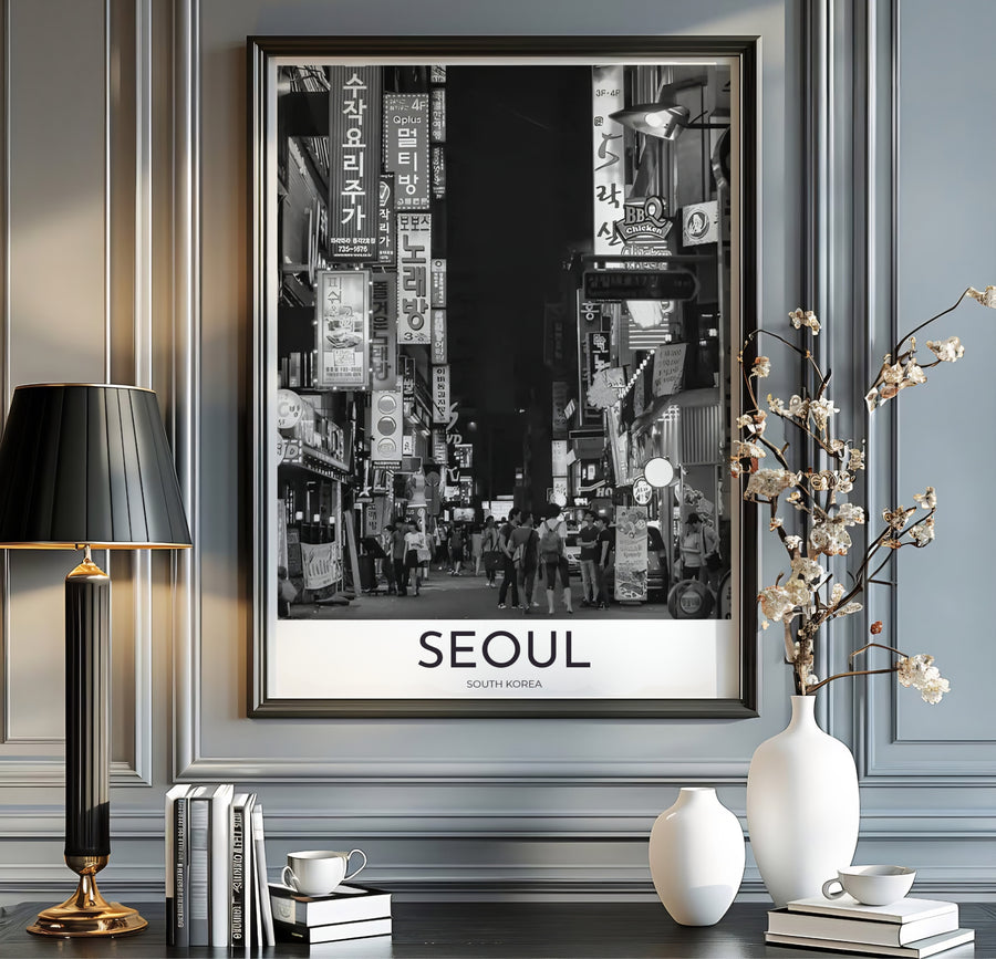 High-contrast street photography photo print depicting a glowing night alleyway in Seoul South Korea, offered by MapYourDreams in versatile styling formats like unframed paper, custom picture frames, and canvas that add authentic urban charm to interiors.