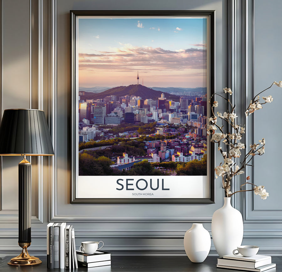 Captivating sunset city skyline poster highlighting N Seoul Tower against a peach-hued evening sky in South Korea, styled by MapYourDreams in flexible options including unframed archival paper, dark wood frames, and gallery canvas formats engineered for lasting visual appeal.