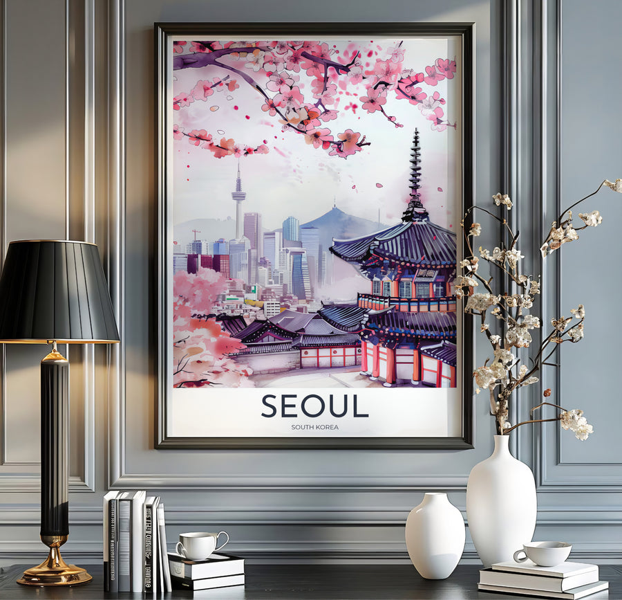 Elegant blush pink and indigo travel wall art featuring cherry blossom canopy and N Seoul Tower in Seoul South Korea, curated by MapYourDreams across unframed archival paper, natural wood frames, and gallery stretched canvas to deliver premium quality print aesthetics.