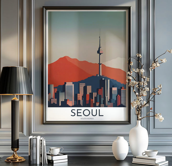 Mid-century style skyline photography-style illustration depicting Namsan Mountain and N Seoul Tower in Seoul South Korea, offered by MapYourDreams in versatile styling formats like unframed paper, custom picture frames, and canvas that add warm graphic charm to interiors.