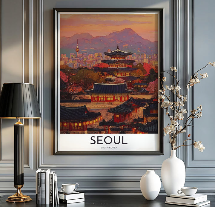 Soft dusk sky architectural print depicting glowing palace lanterns and distant city high-rises in Seoul South Korea, offered by MapYourDreams in versatile styling formats like unframed paper, custom picture frames, and canvas that add relaxing twilight warmth to interiors.