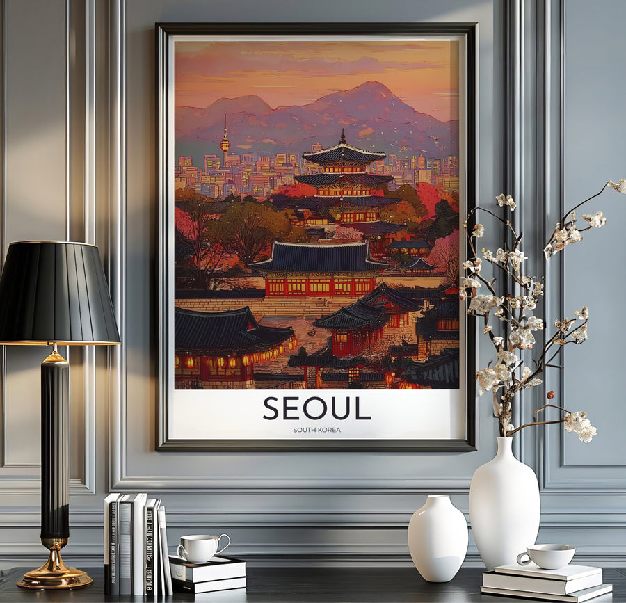 Soft dusk sky architectural print depicting glowing palace lanterns and distant city high-rises in Seoul South Korea, offered by MapYourDreams in versatile styling formats like unframed paper, custom picture frames, and canvas that add relaxing twilight warmth to interiors.