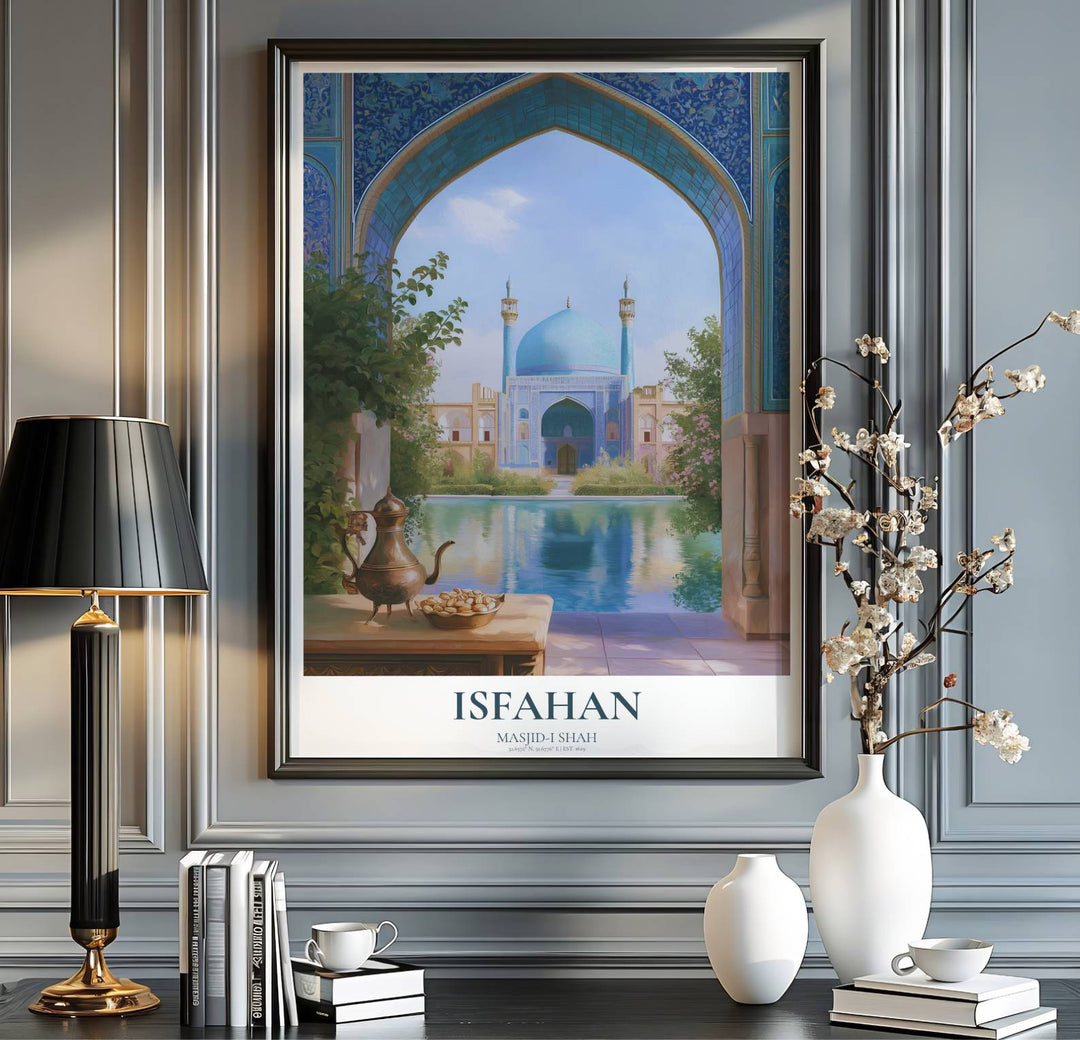 Iran travel print showing the Shah Mosque in Isfahan in a crisp fine art architectural painting poster style. Handcrafted by MapYourDreams, this artwork is available in flexible options including unframed paper, custom wooden frames, and gallery canvas wraps for gallery wall displays.