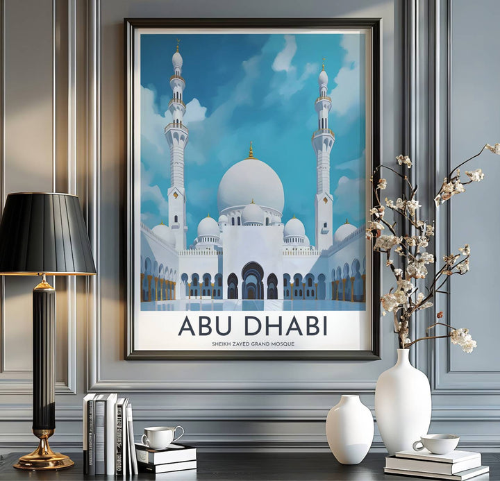 United Arab Emirates travel print showing Sheikh Zayed Grand Mosque in Abu Dhabi in a crisp vector graphic fine art photography poster style. Handcrafted by MapYourDreams, this artwork is available in flexible options including unframed paper, custom wooden frames, and gallery canvas wraps for gallery wall displays.
