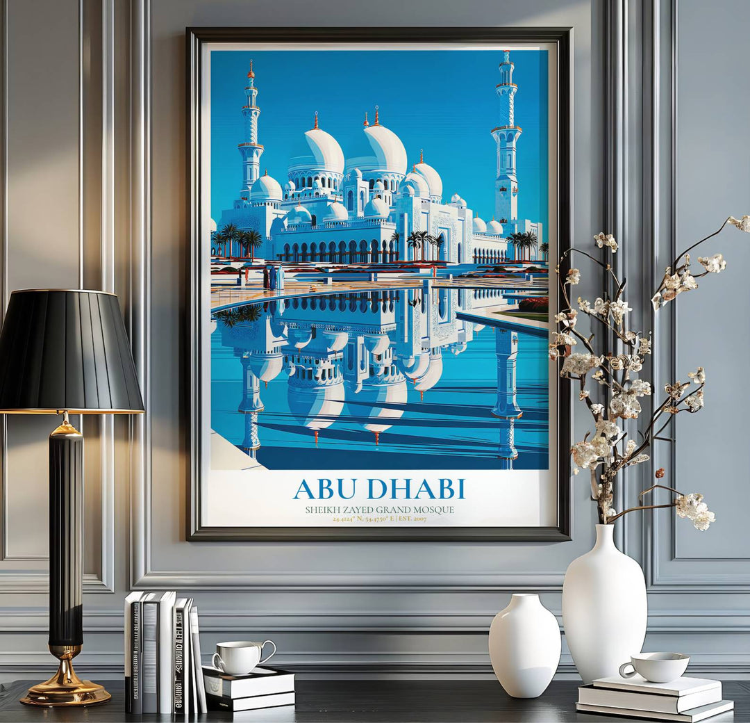 United Arab Emirates travel print showing Sheikh Zayed Grand Mosque in Abu Dhabi in a crisp vector graphic fine art photography poster style. Handcrafted by MapYourDreams, this artwork is available in flexible options including unframed paper, custom wooden frames, and gallery canvas wraps for gallery wall displays.